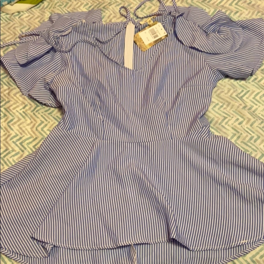 Blue And White V-Neck Blouse